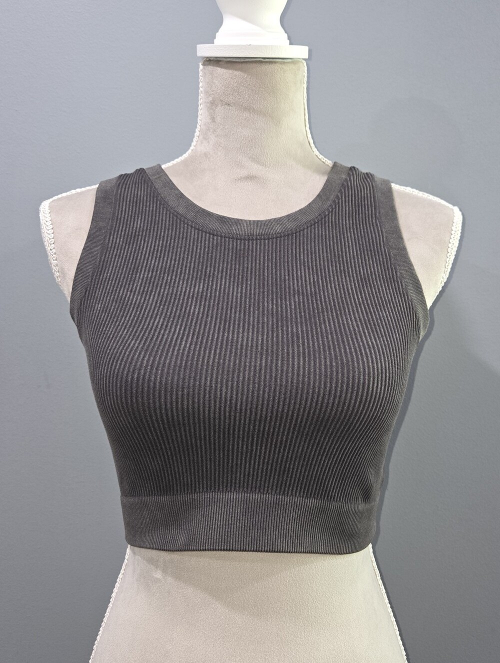 aerie Ribbed Crop Tank Top - Black/Charcoal - Medium